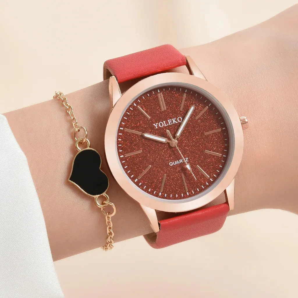 2pcs Set Women Watches Fashion Casual Ladies Quartz Wristwatches Leather Strap for Stylish Gifts