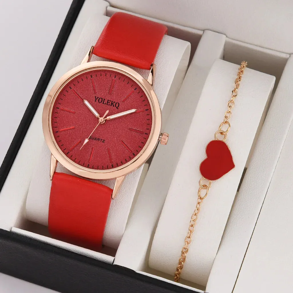 2pcs Set Women Watches Fashion Casual Ladies Quartz Wristwatches Leather Strap for Stylish Gifts