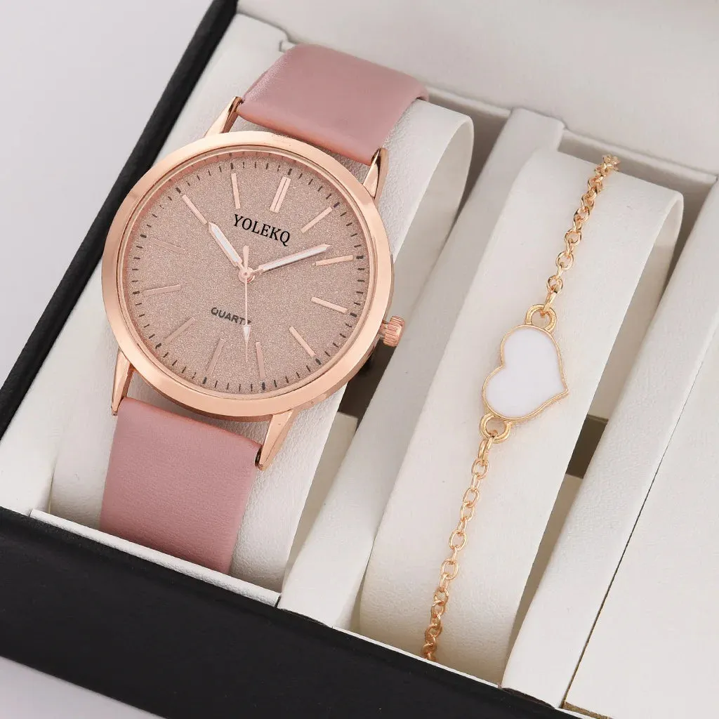 2pcs Set Women Watches Fashion Casual Ladies Quartz Wristwatches Leather Strap for Stylish Gifts
