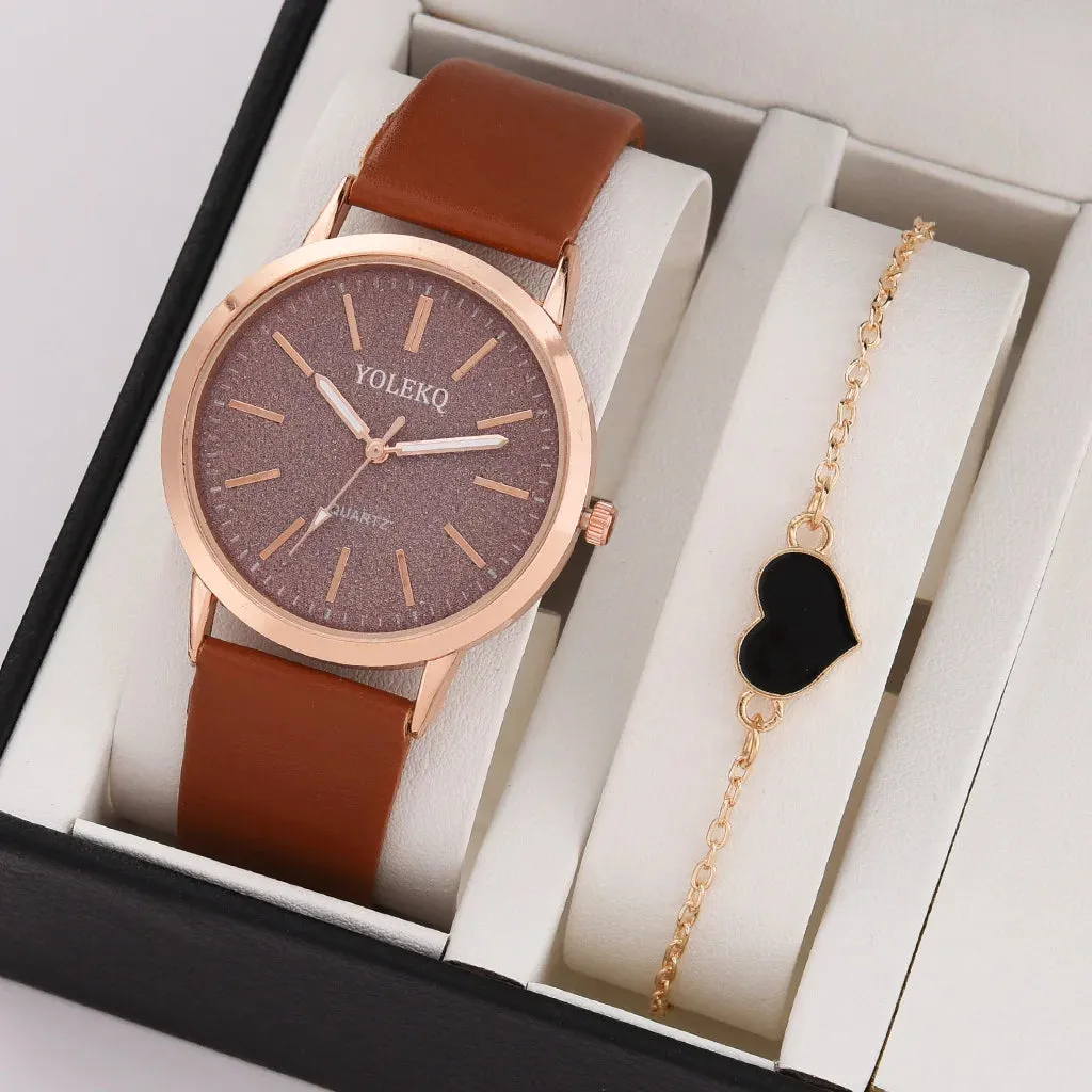 2pcs Set Women Watches Fashion Casual Ladies Quartz Wristwatches Leather Strap for Stylish Gifts
