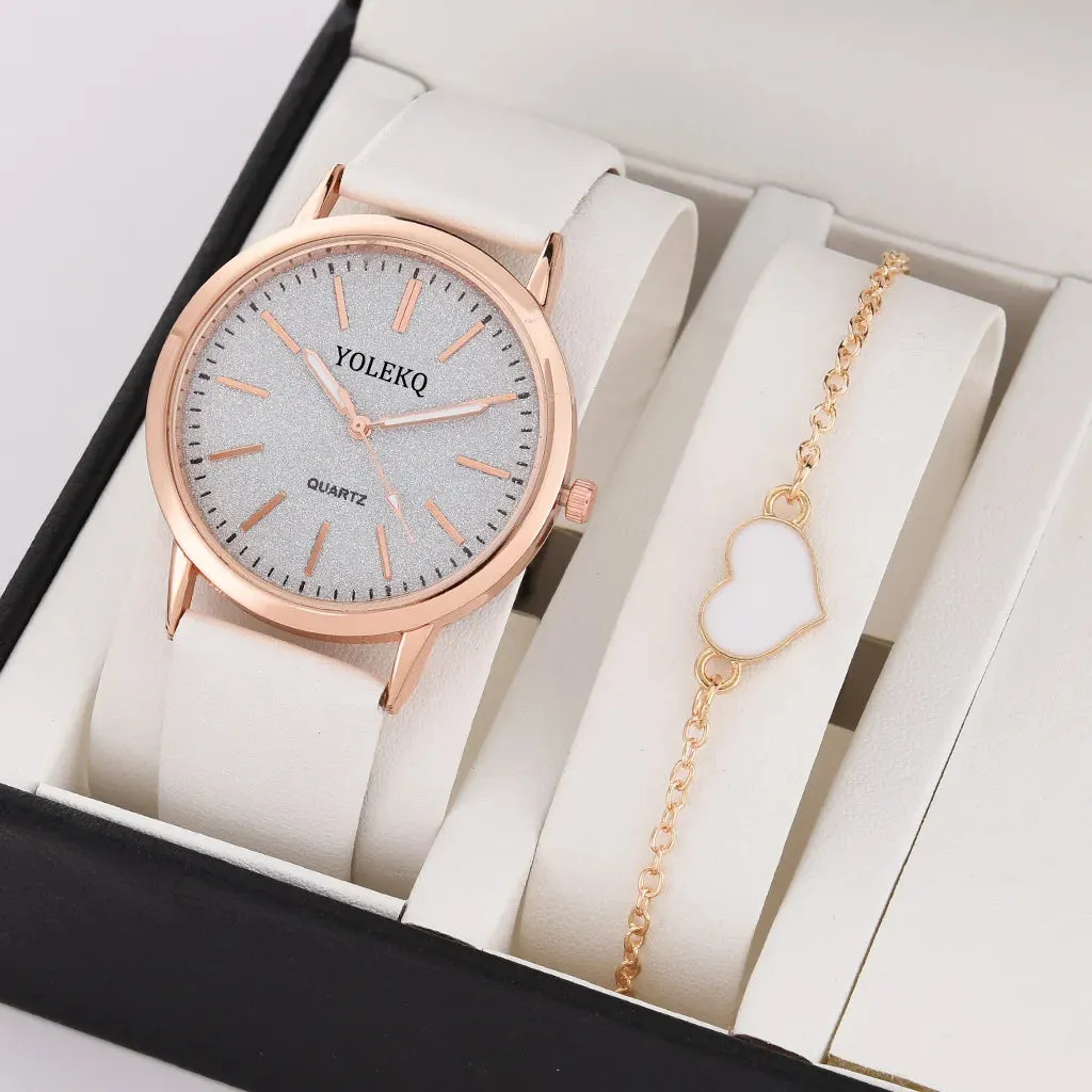 2pcs Set Women Watches Fashion Casual Ladies Quartz Wristwatches Leather Strap for Stylish Gifts