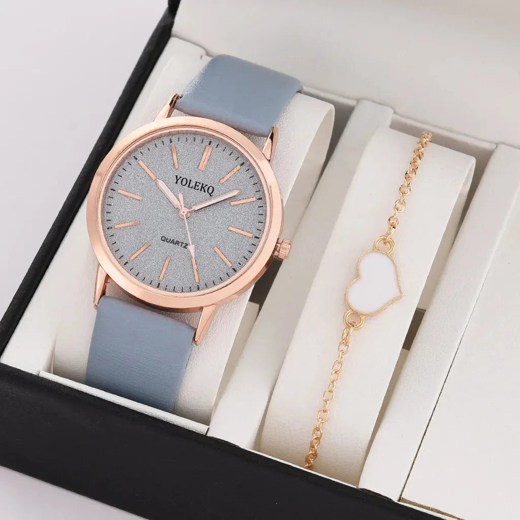 2pcs Set Women Watches Fashion Casual Ladies Quartz Wristwatches Leather Strap for Stylish Gifts
