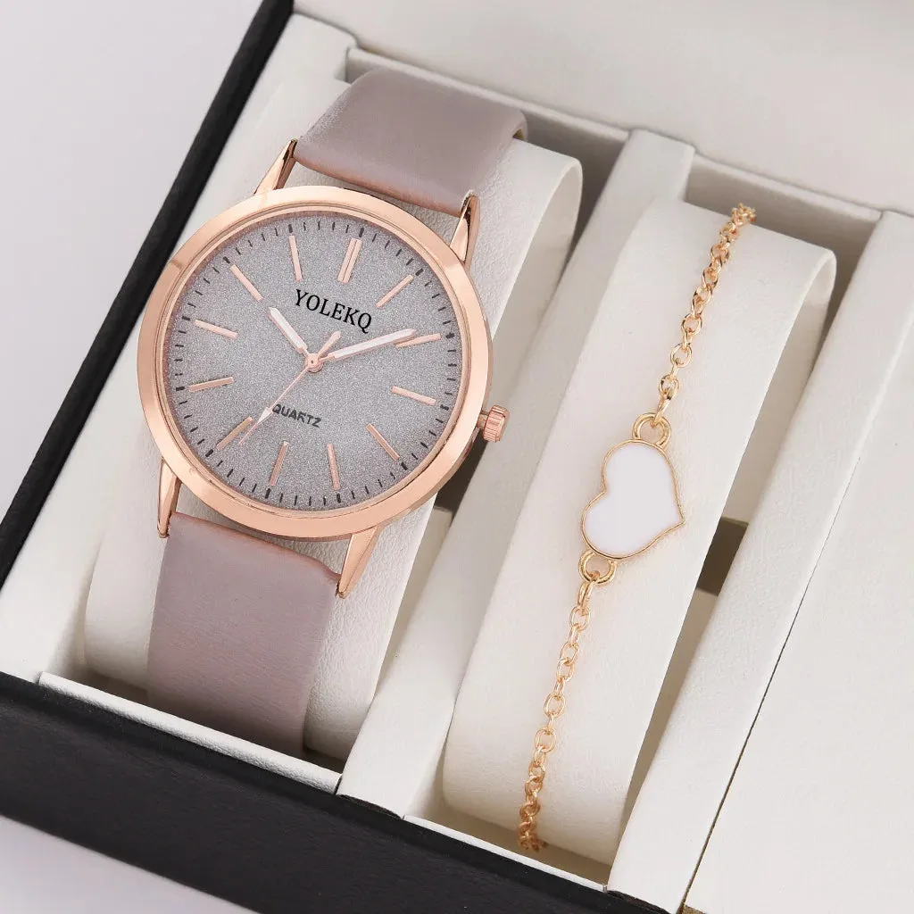 2pcs Set Women Watches Fashion Casual Ladies Quartz Wristwatches Leather Strap for Stylish Gifts
