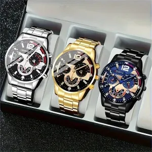 3-Pack: Luxury Men's Quartz Watch Set with Precision Time Scale