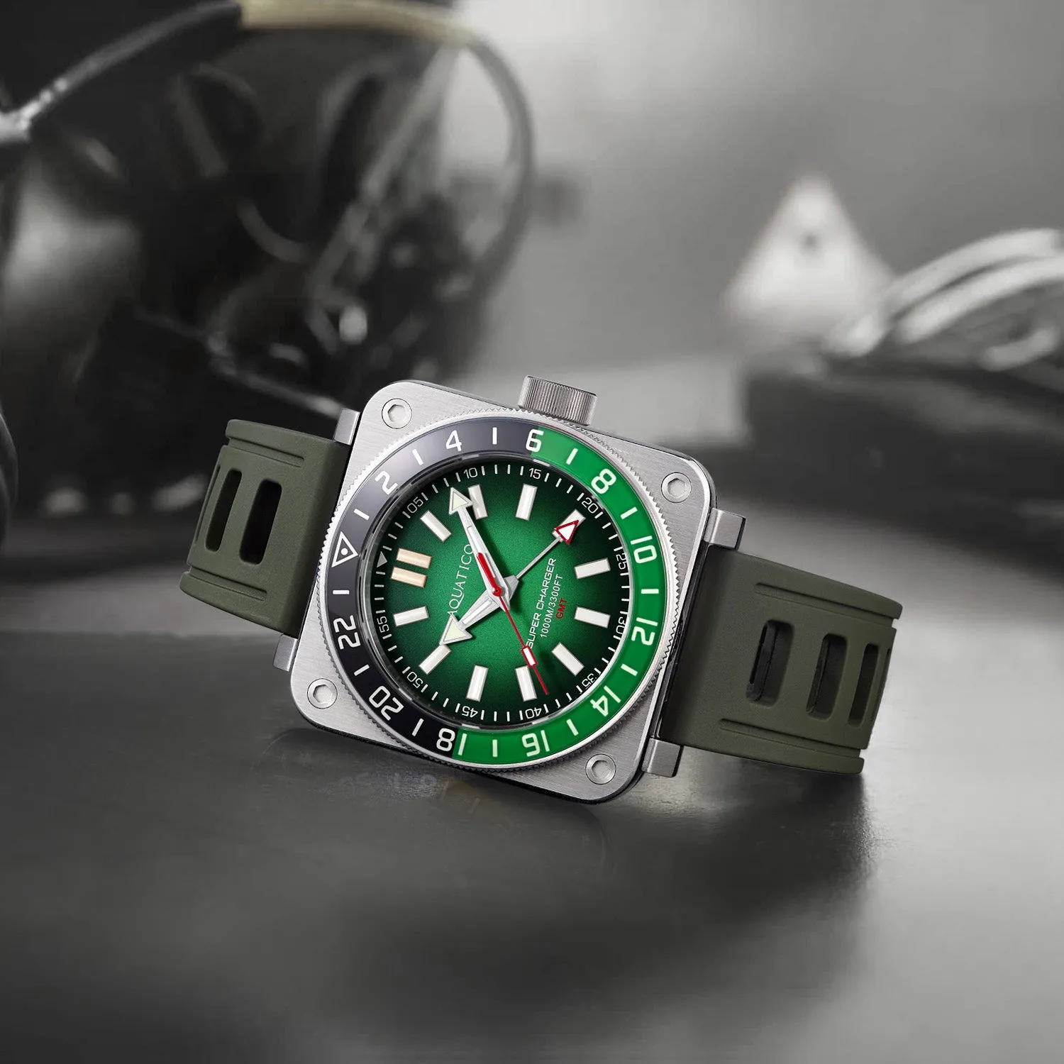 Aquatico Steel Man GMT Watch (Green Dial Green and Black Bezel) NO DATE