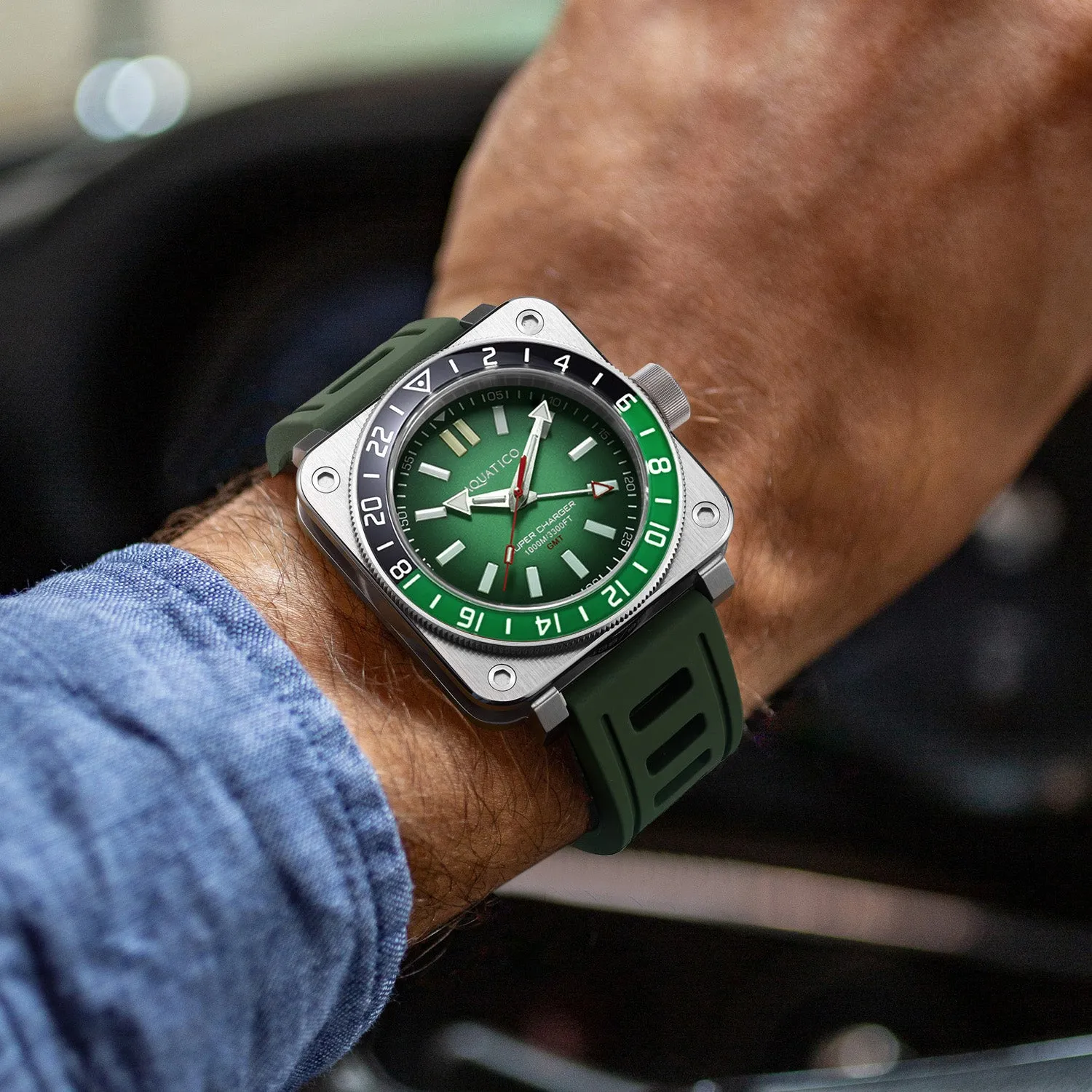 Aquatico Steel Man GMT Watch (Green Dial Green and Black Bezel) NO DATE