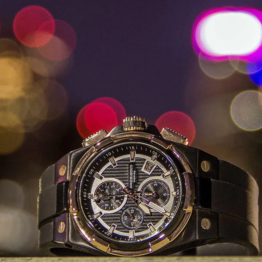 ARIES GOLD KING TWO-TONE STAINLESS STEEL G 7311 BKRG-BKRG HI-TECH BLACK SYNTHETIC STRAP MEN'S WATCH