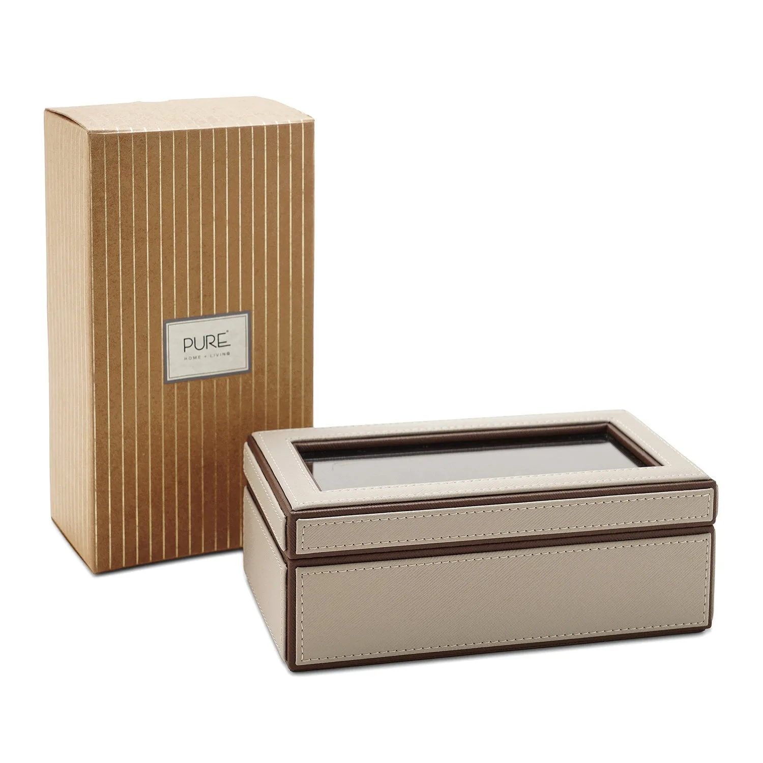 Beige 3 Compartment Faux Leather Watch Box