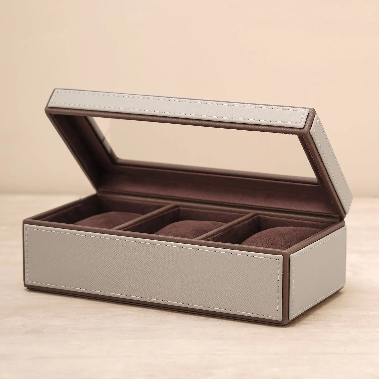 Beige 3 Compartment Faux Leather Watch Box