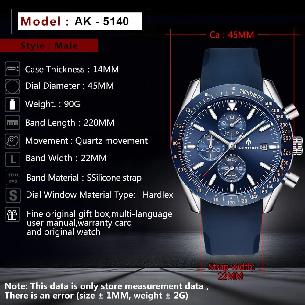 BENYAR AKNIGHT Mens Watches 45mm Big Face Waterproof Analog Quartz Chronograph Business Work Sport Casual Fashion Designer Dress Men's Wrist Watches with Calendar, Luminous Hand Watch for Men