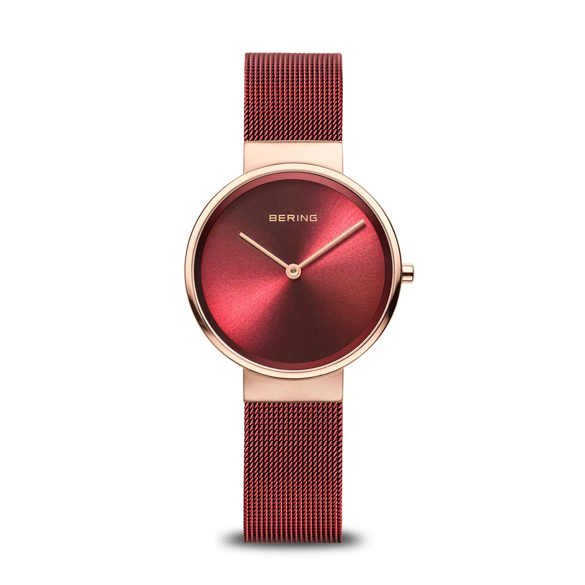 Bering Rose Gold & Red Stainless Steel Mesh Ladies Watch with Red Dial