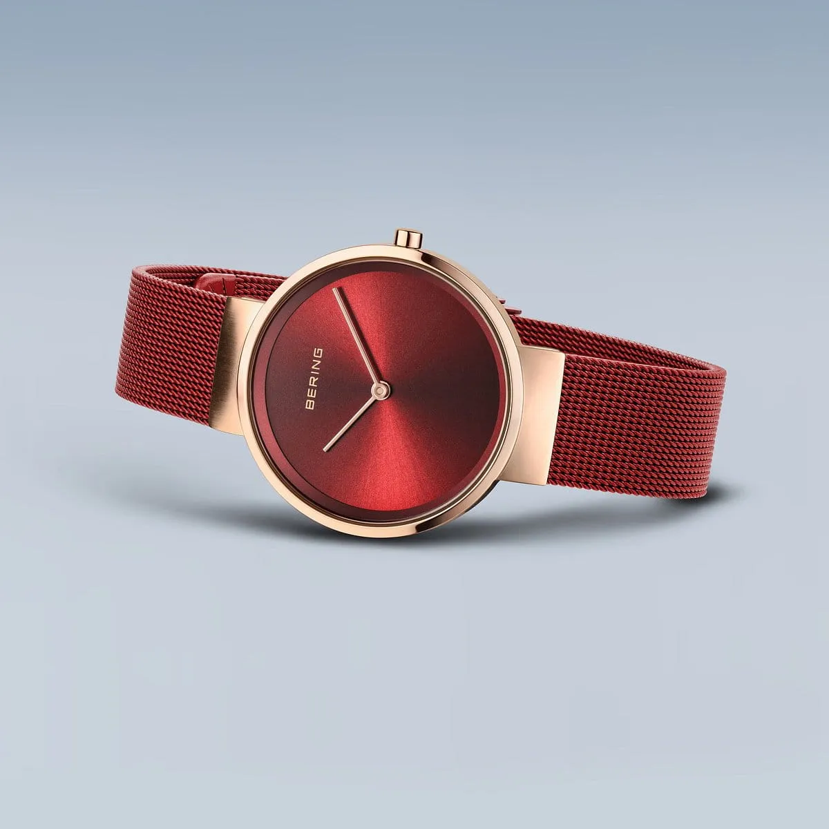 Bering Rose Gold & Red Stainless Steel Mesh Ladies Watch with Red Dial