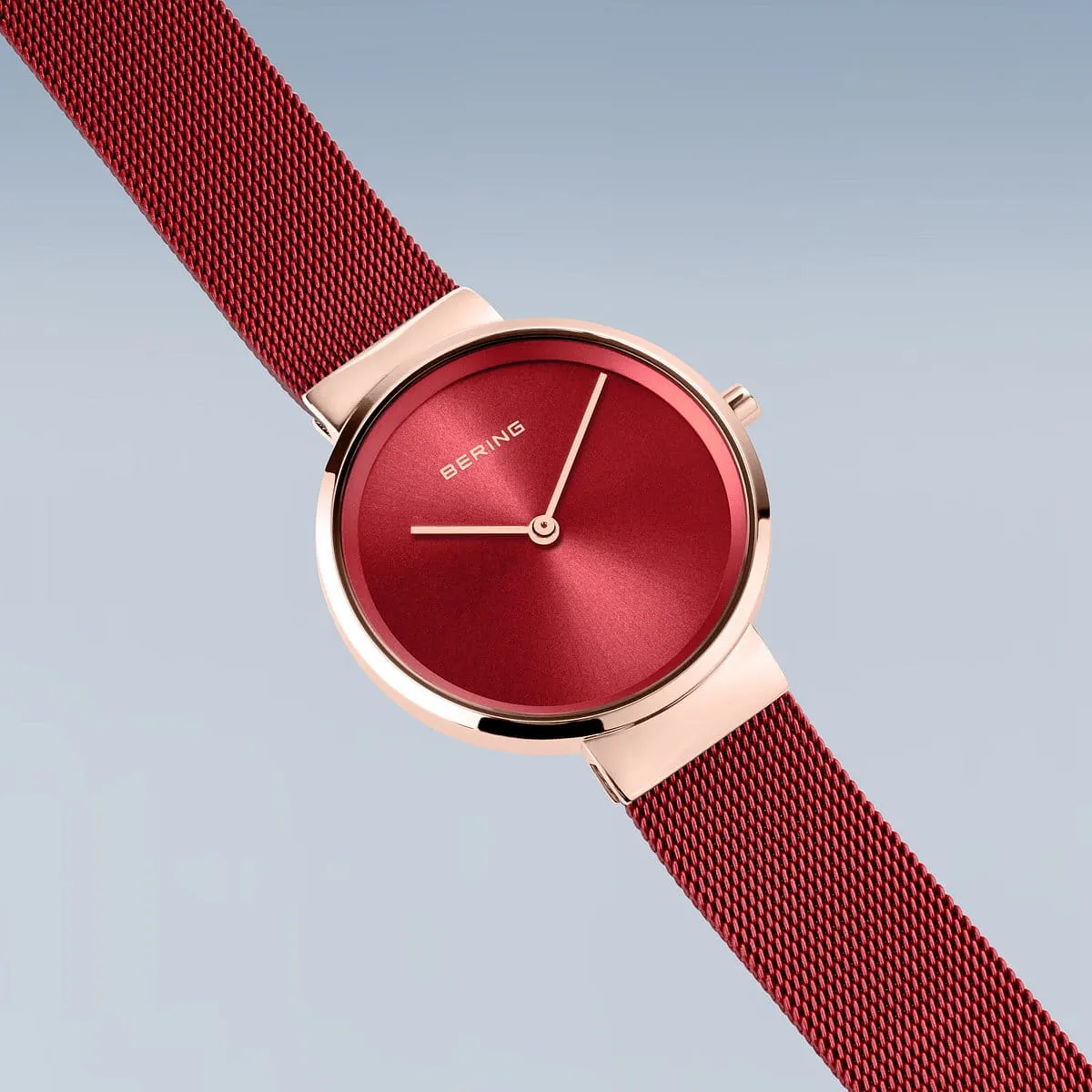 Bering Rose Gold & Red Stainless Steel Mesh Ladies Watch with Red Dial