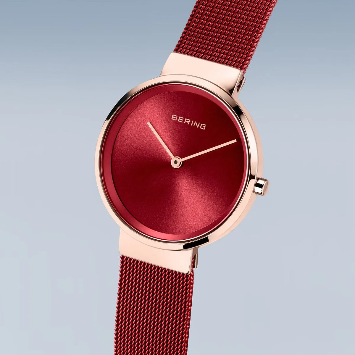 Bering Rose Gold & Red Stainless Steel Mesh Ladies Watch with Red Dial