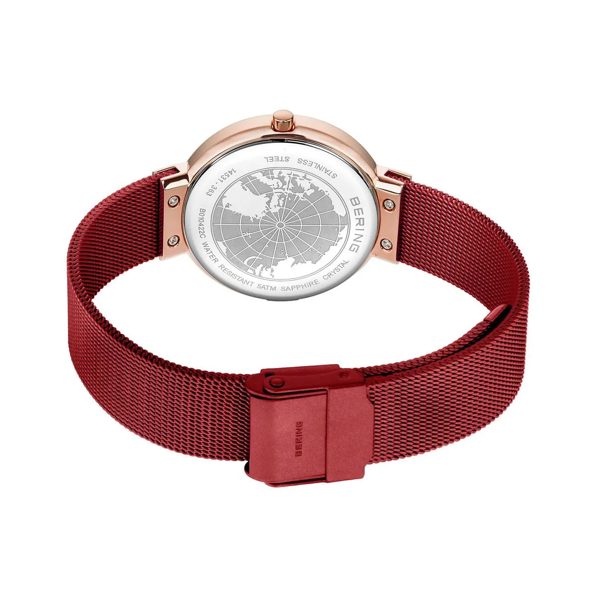 Bering Rose Gold & Red Stainless Steel Mesh Ladies Watch with Red Dial
