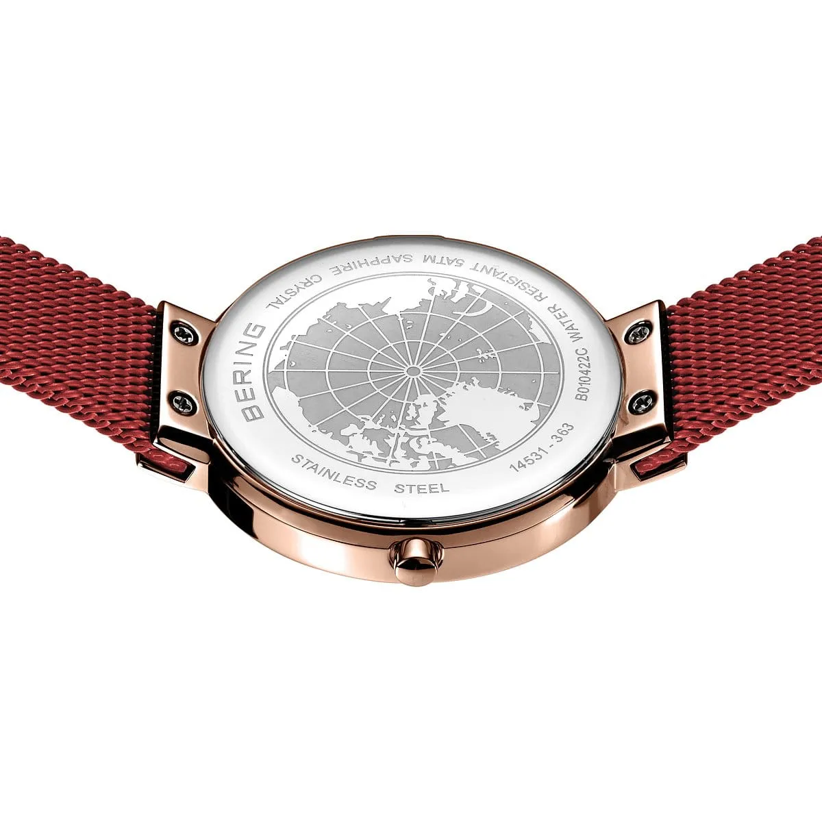 Bering Rose Gold & Red Stainless Steel Mesh Ladies Watch with Red Dial