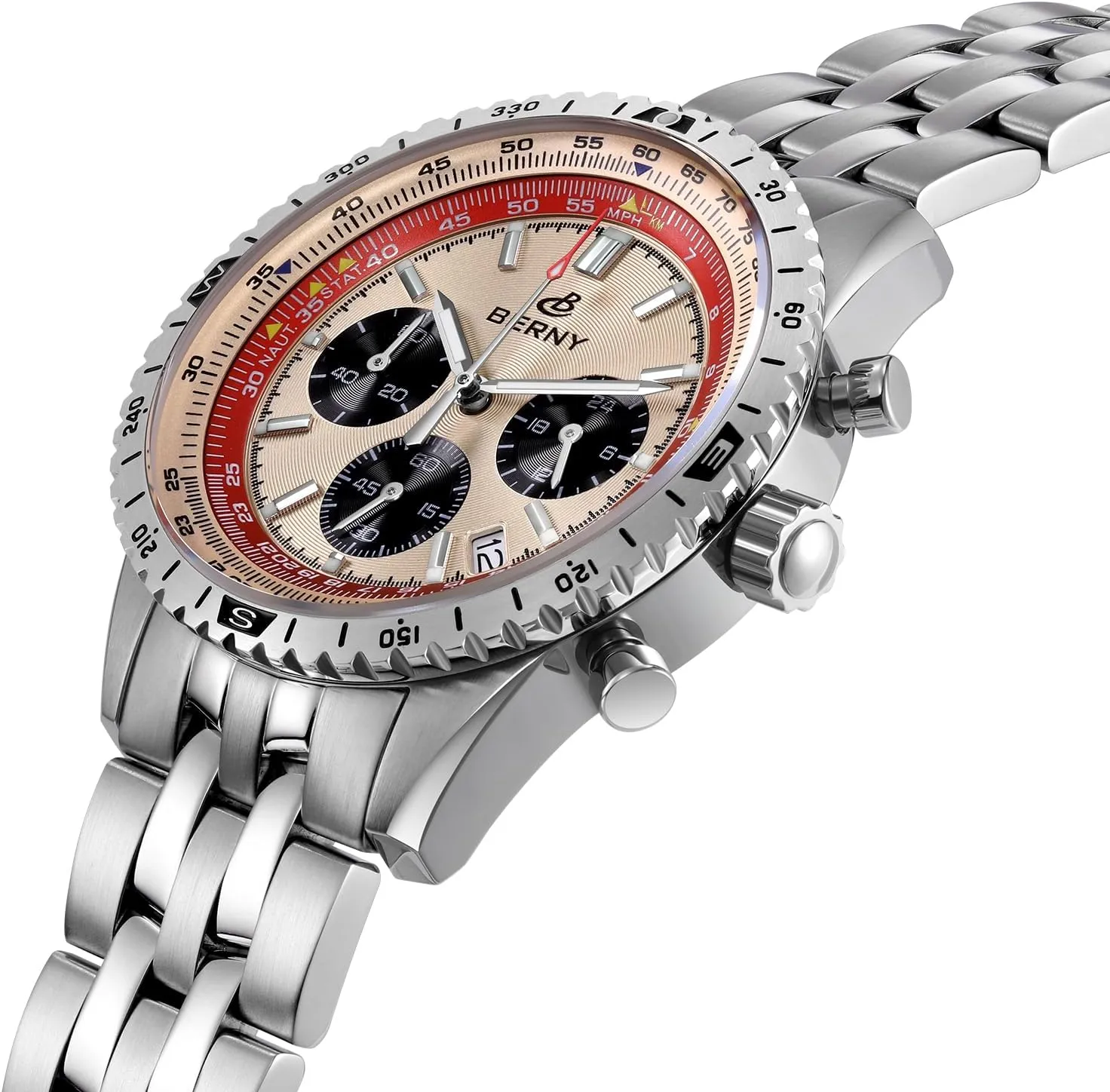 BERNY Chronograph Watch with Tachymeter Analog Quartz Watch for Men Sapphire Glass Men's Stop Watch for Sports All Stainless Steel Male Wristwatch with 3ATM Waterproof Date Calender C3 Luminous