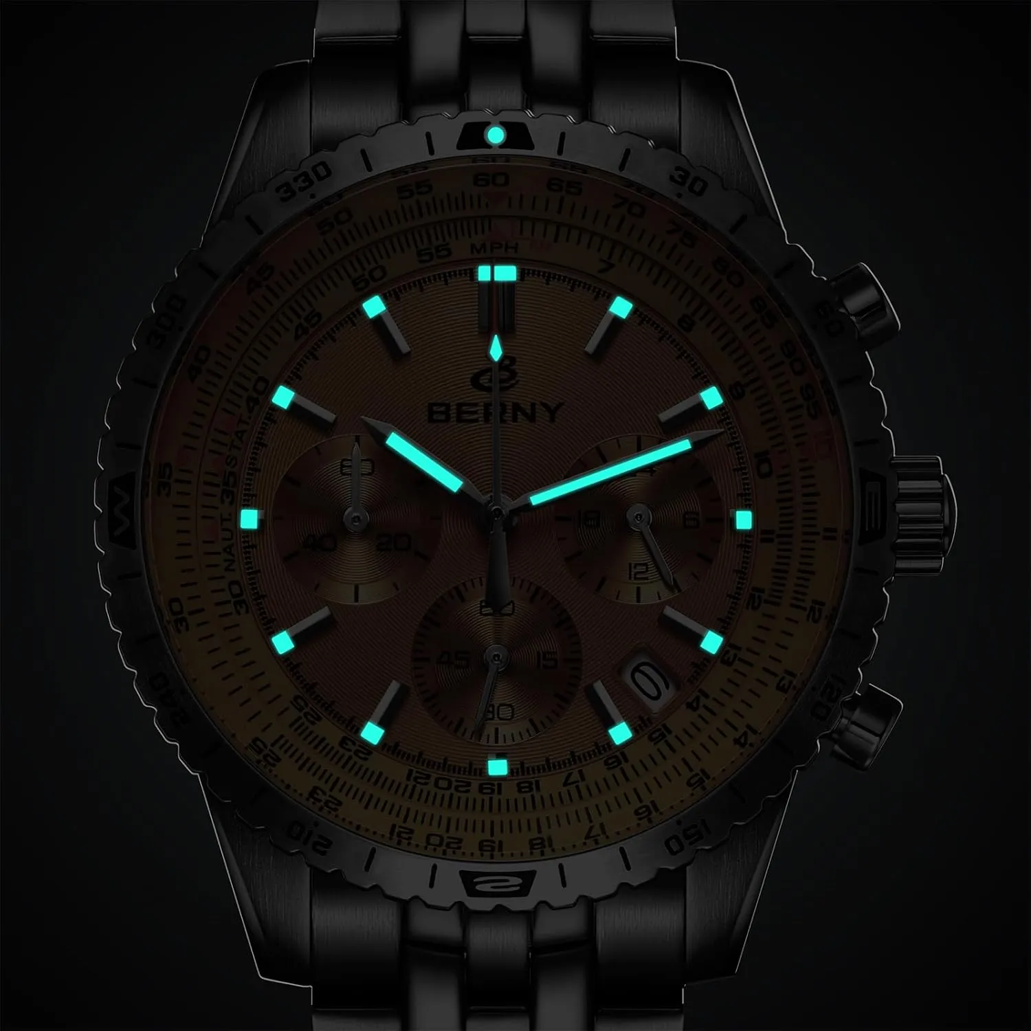 BERNY Chronograph Watch with Tachymeter Analog Quartz Watch for Men Sapphire Glass Men's Stop Watch for Sports All Stainless Steel Male Wristwatch with 3ATM Waterproof Date Calender C3 Luminous
