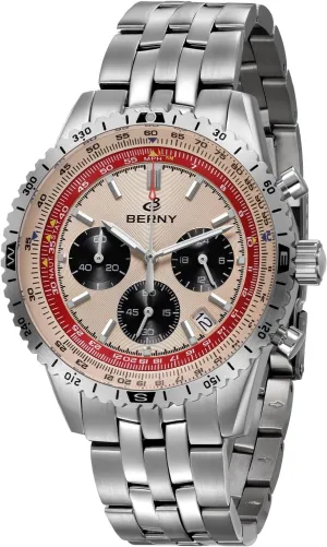 BERNY Chronograph Watch with Tachymeter Analog Quartz Watch for Men Sapphire Glass Men's Stop Watch for Sports All Stainless Steel Male Wristwatch with 3ATM Waterproof Date Calender C3 Luminous