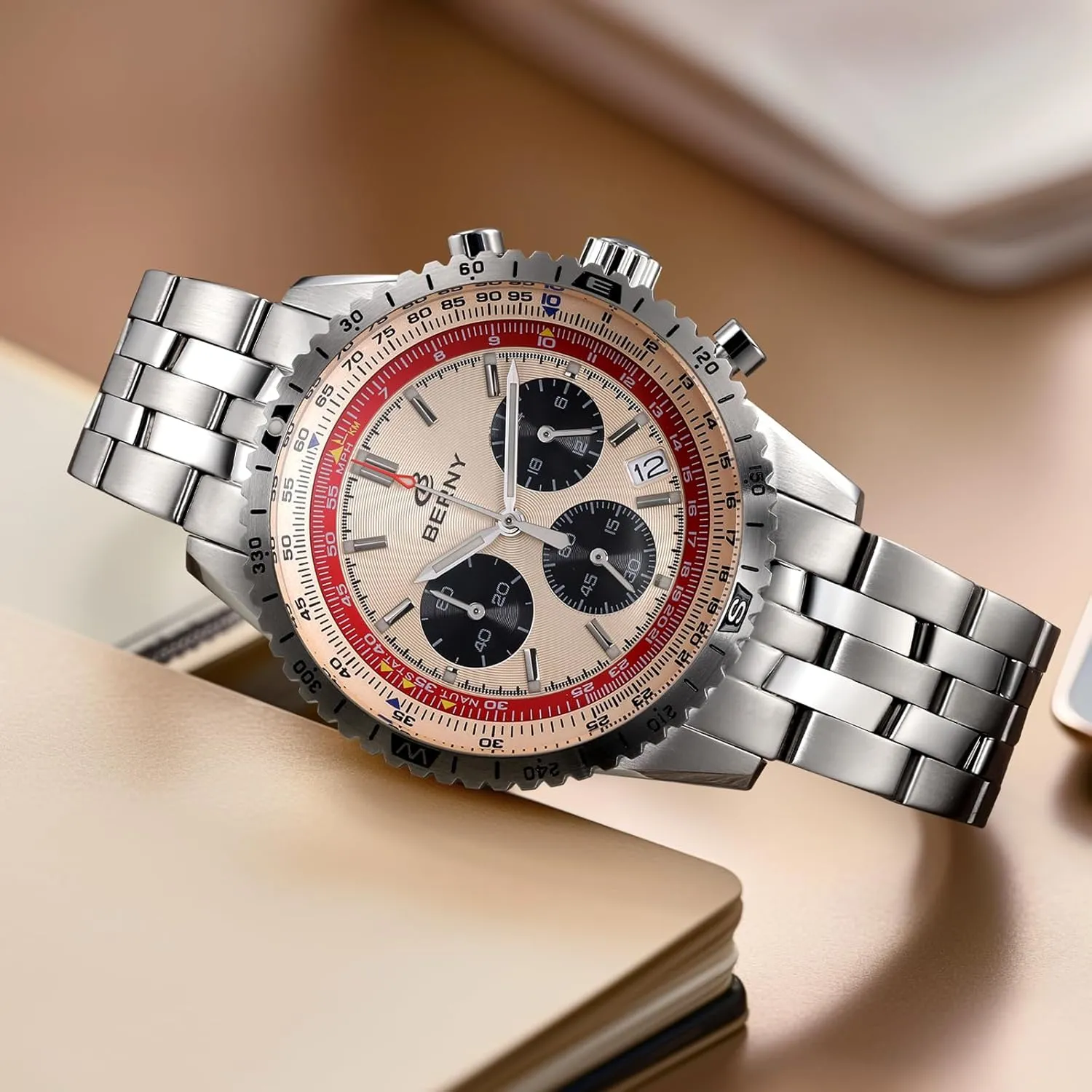 BERNY Chronograph Watch with Tachymeter Analog Quartz Watch for Men Sapphire Glass Men's Stop Watch for Sports All Stainless Steel Male Wristwatch with 3ATM Waterproof Date Calender C3 Luminous