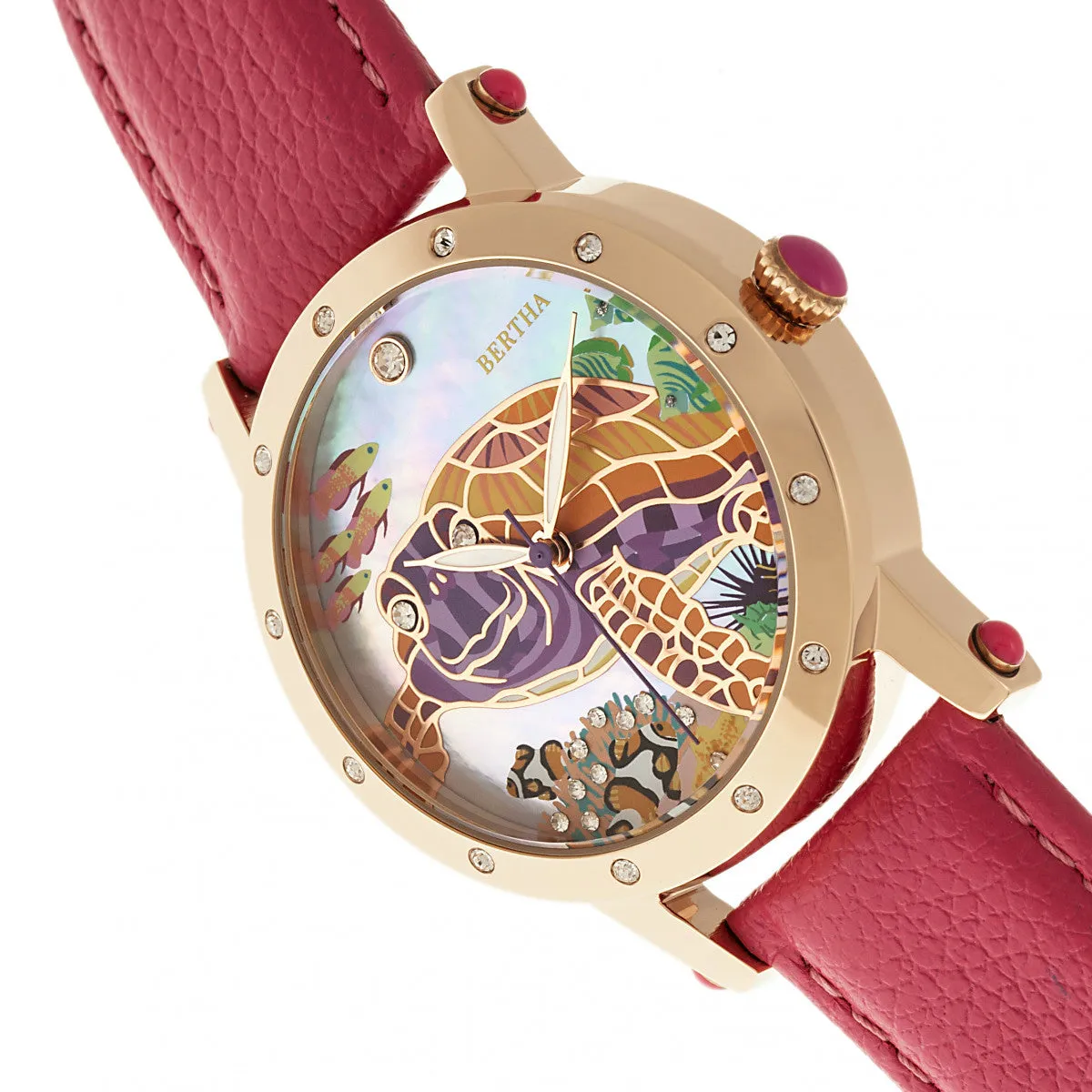 Bertha Chelsea MOP Leather-Band Ladies Watch - Rose Gold/Pink