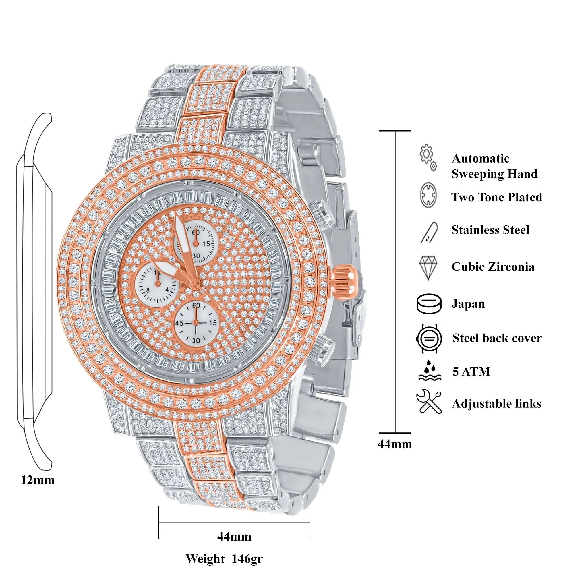 Bling Hip Hop Metal Watch - Fully Adjustable Links & Crystal Stones