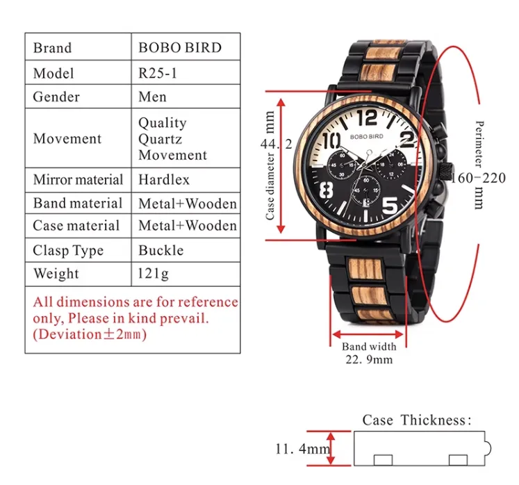 BOBO BIRD MULTI FUNCTION STAINLESS WATCH WITH WOODEN STRAP