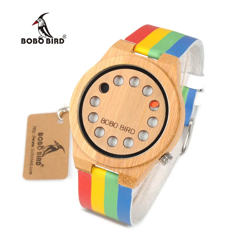 BOBO BIRD WA01 Bamboo Wooden Watch Colorful Leather Band 12 Holes Dial Face Classic Wood Watches for Men Women
