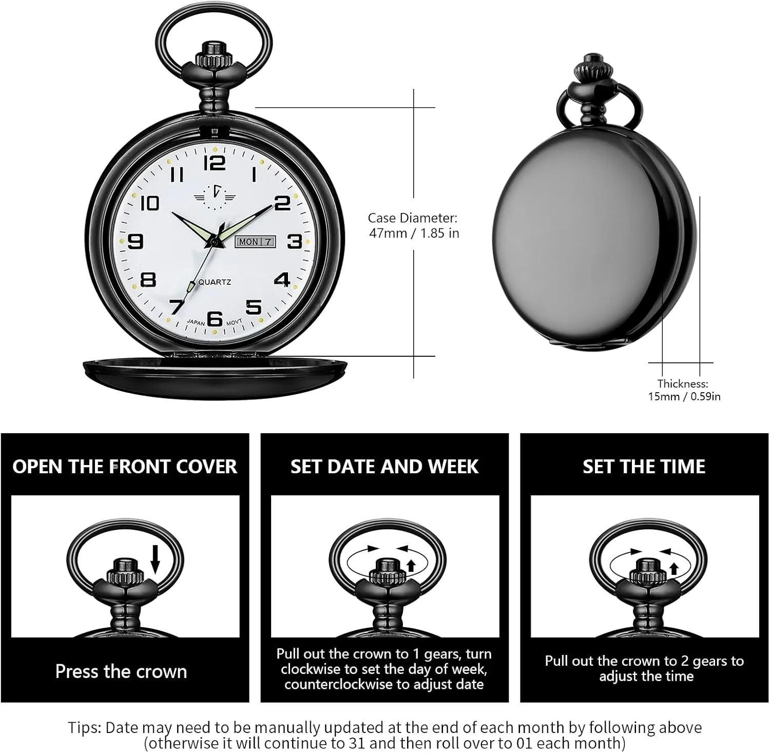 BOSHIYA Smooth Quartz Pocket Watches for Men Classic Arabic Digital Luminous Dial & Day Date Pocket Watch with Chain Christmas Graduation Birthday Gifts