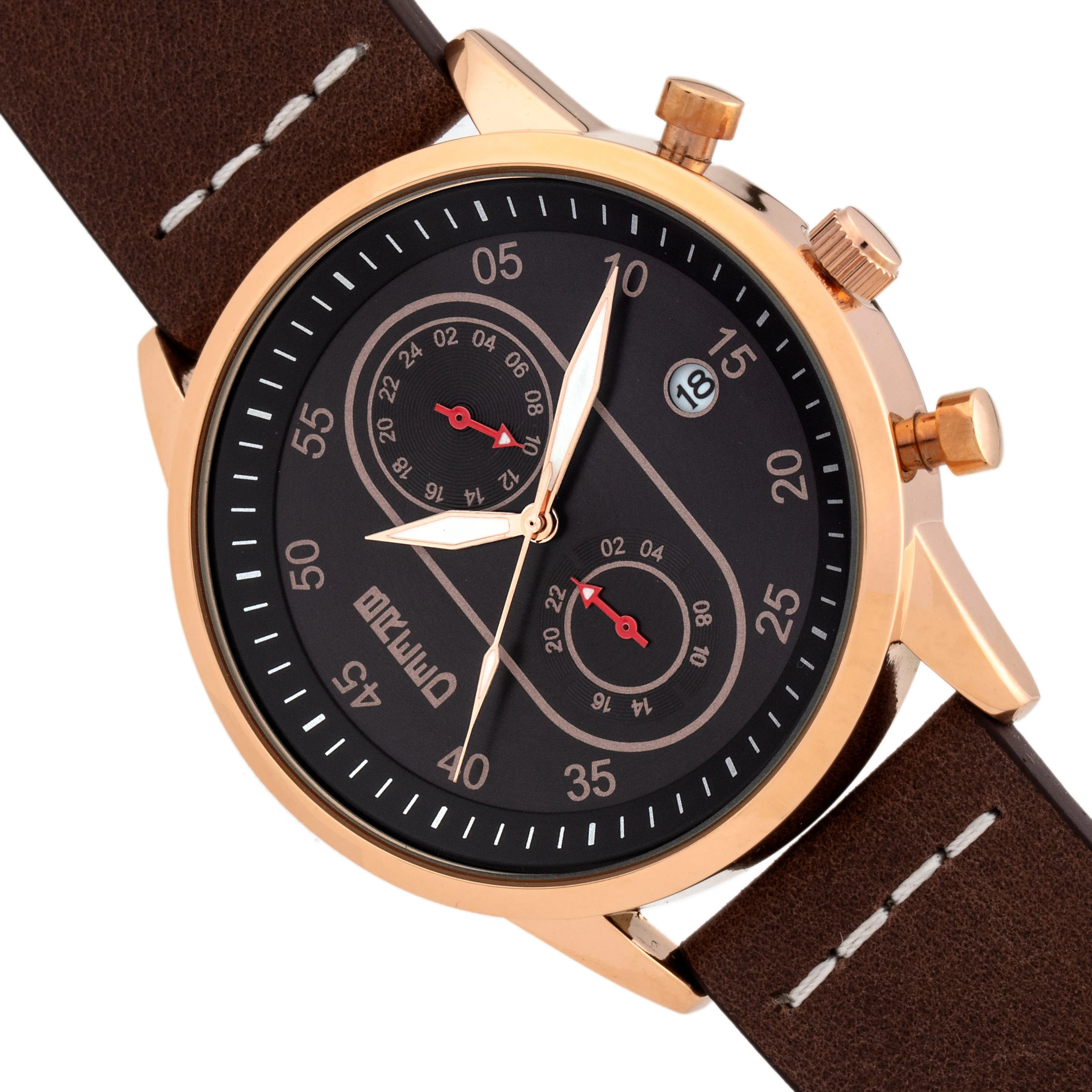 Breed Andreas Leather-Band Watch w/ Date - Rose Gold/Dark Brown