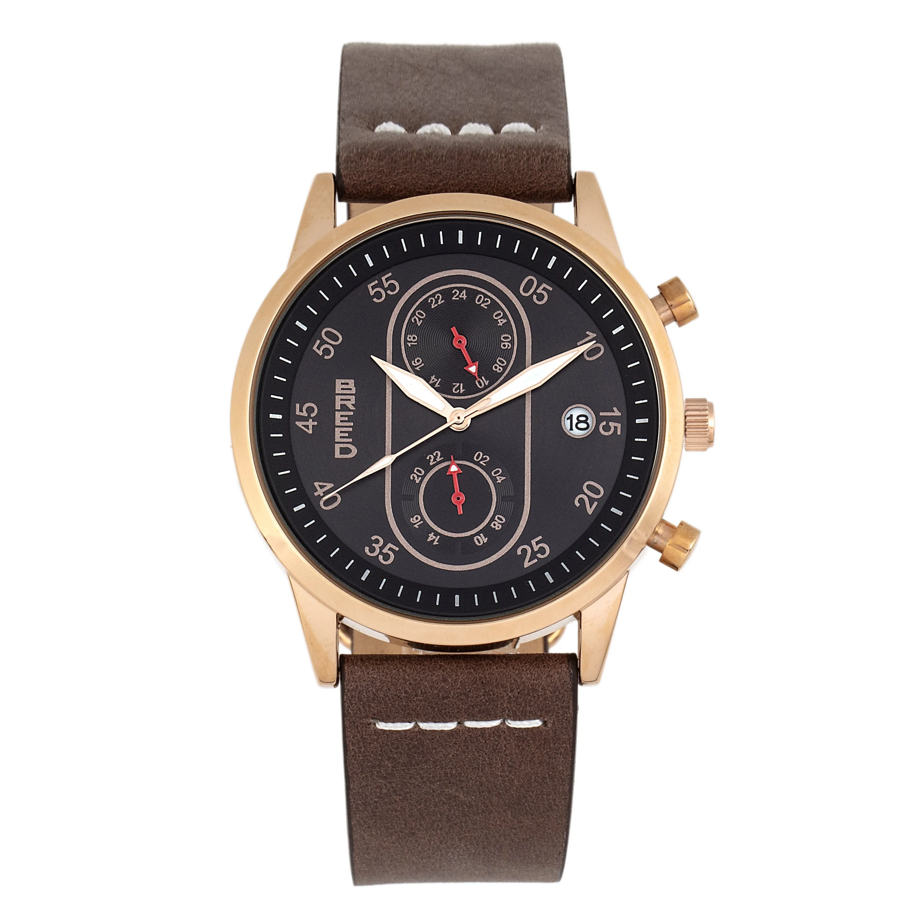 Breed Andreas Leather-Band Watch w/ Date - Rose Gold/Dark Brown
