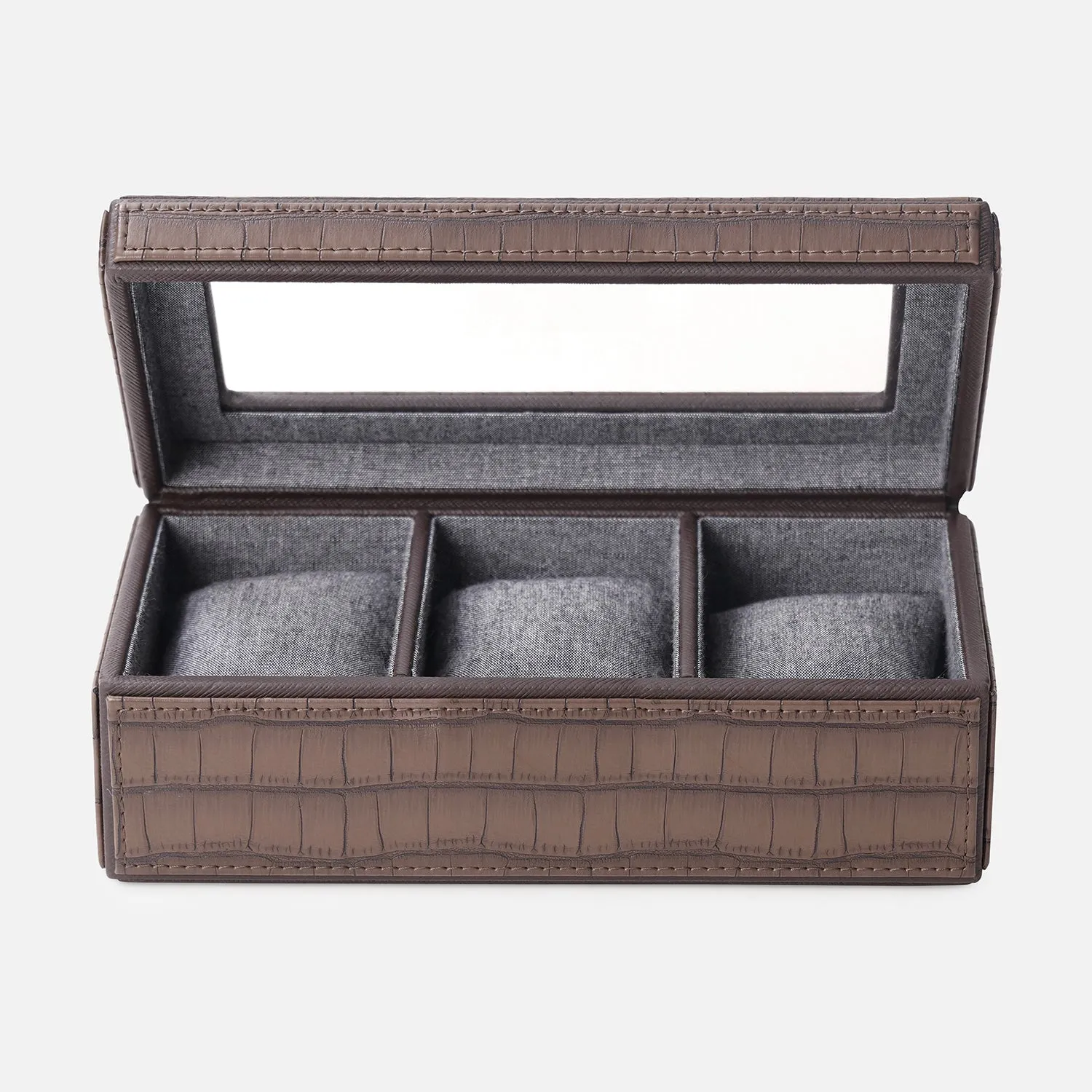 Brown 3 Compartment Croco Texture Faux Leather Watch Box