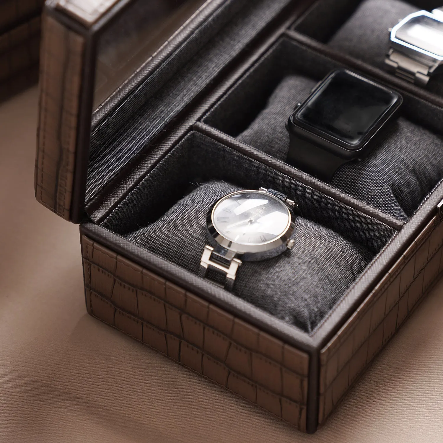Brown 3 Compartment Croco Texture Faux Leather Watch Box