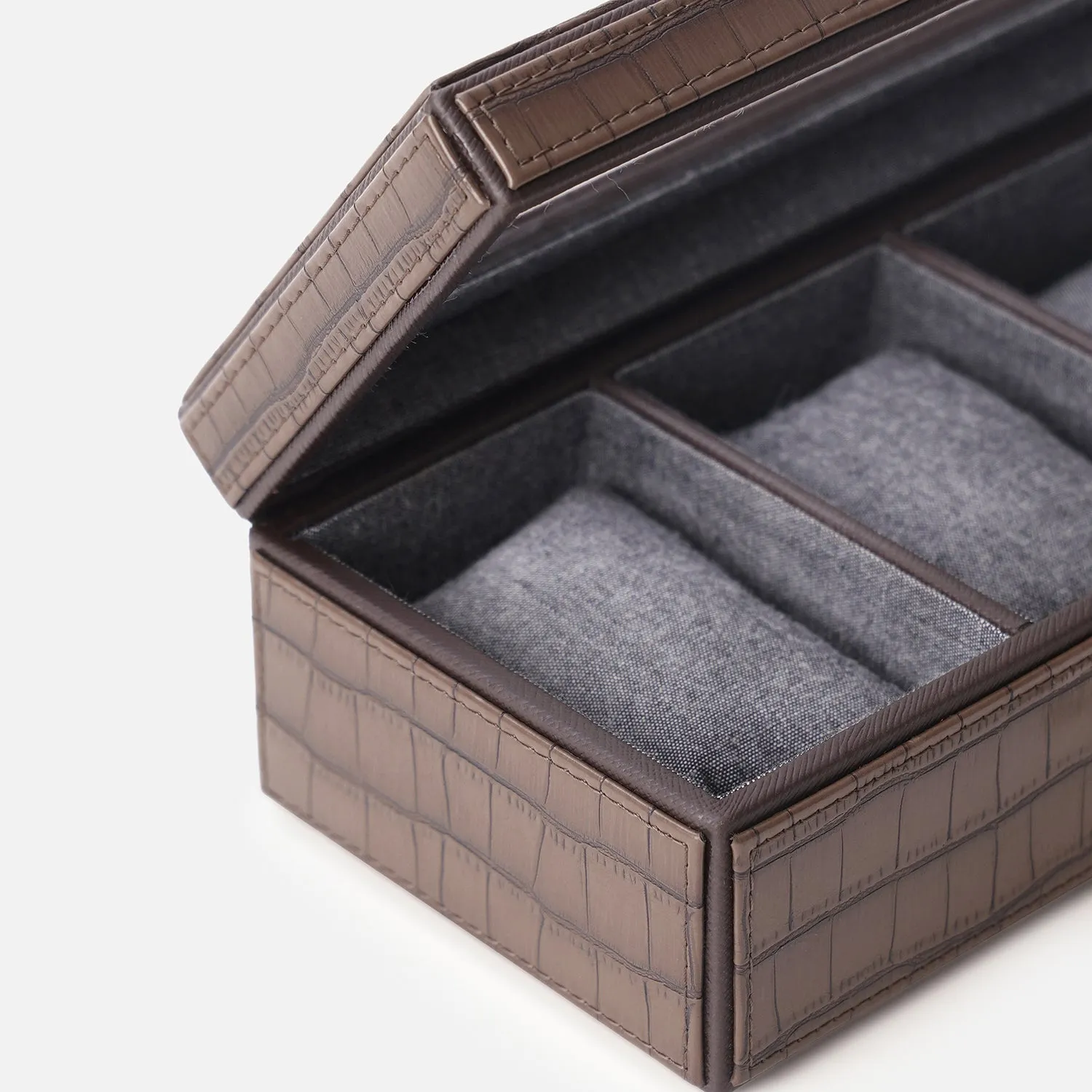 Brown 3 Compartment Croco Texture Faux Leather Watch Box