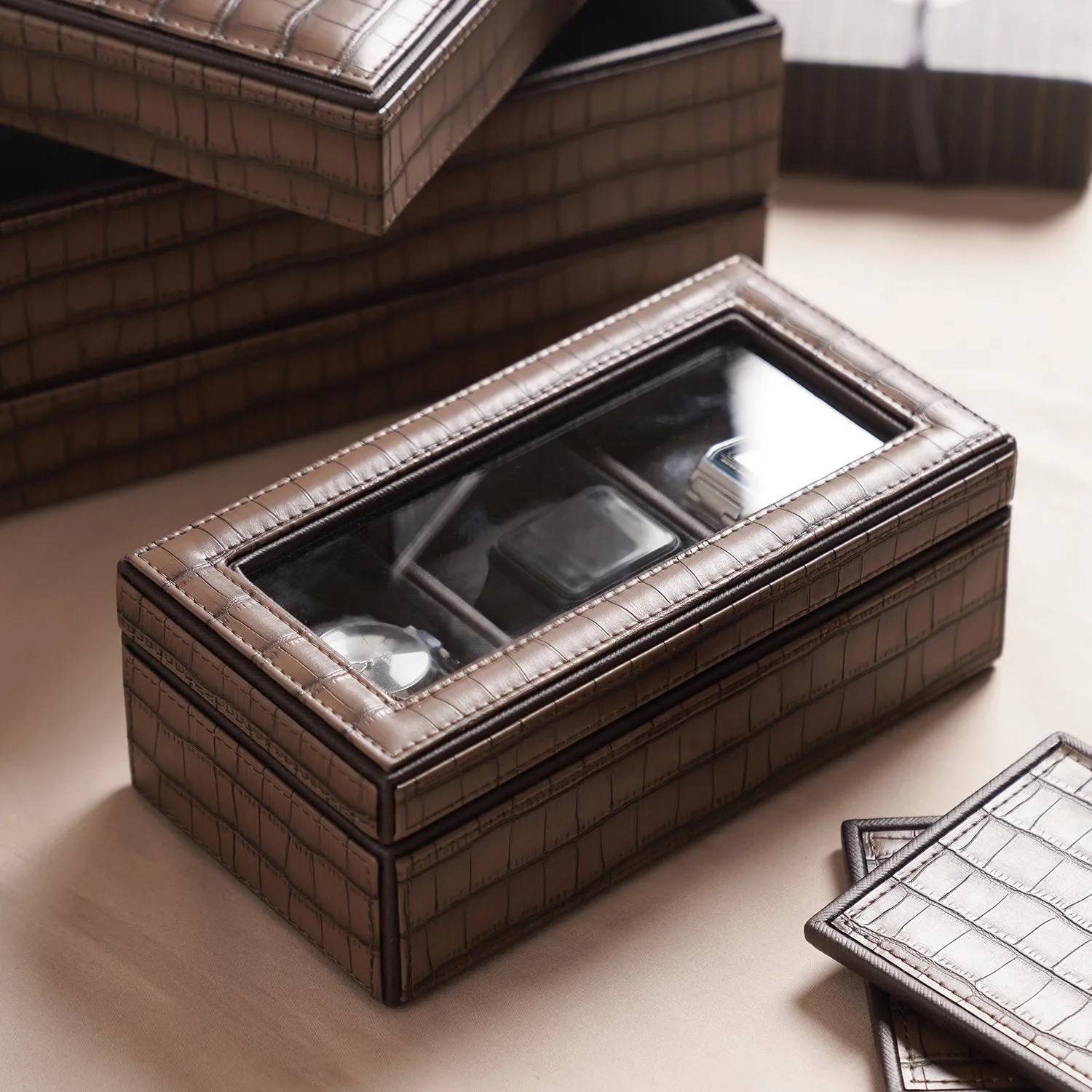 Brown 3 Compartment Croco Texture Faux Leather Watch Box