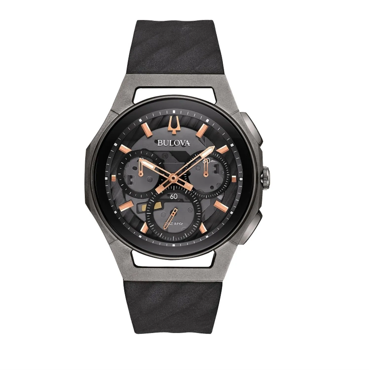 Bulova CURV 44MM Black Round Dial and Rubber Strap Watch. 98A162