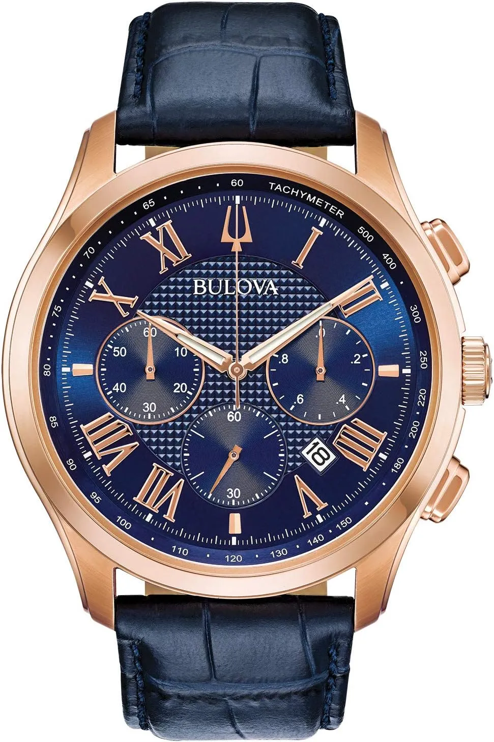 Bulova Men's Wilton 21-Jewel Watch, 60hr Power Reserve, Luminous Hands, Roman Numerals, Domed Sapphire Crystal, 43mm, Blue/Rose Gold