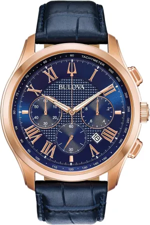 Bulova Men's Wilton 21-Jewel Watch, 60hr Power Reserve, Luminous Hands, Roman Numerals, Domed Sapphire Crystal, 43mm, Blue/Rose Gold