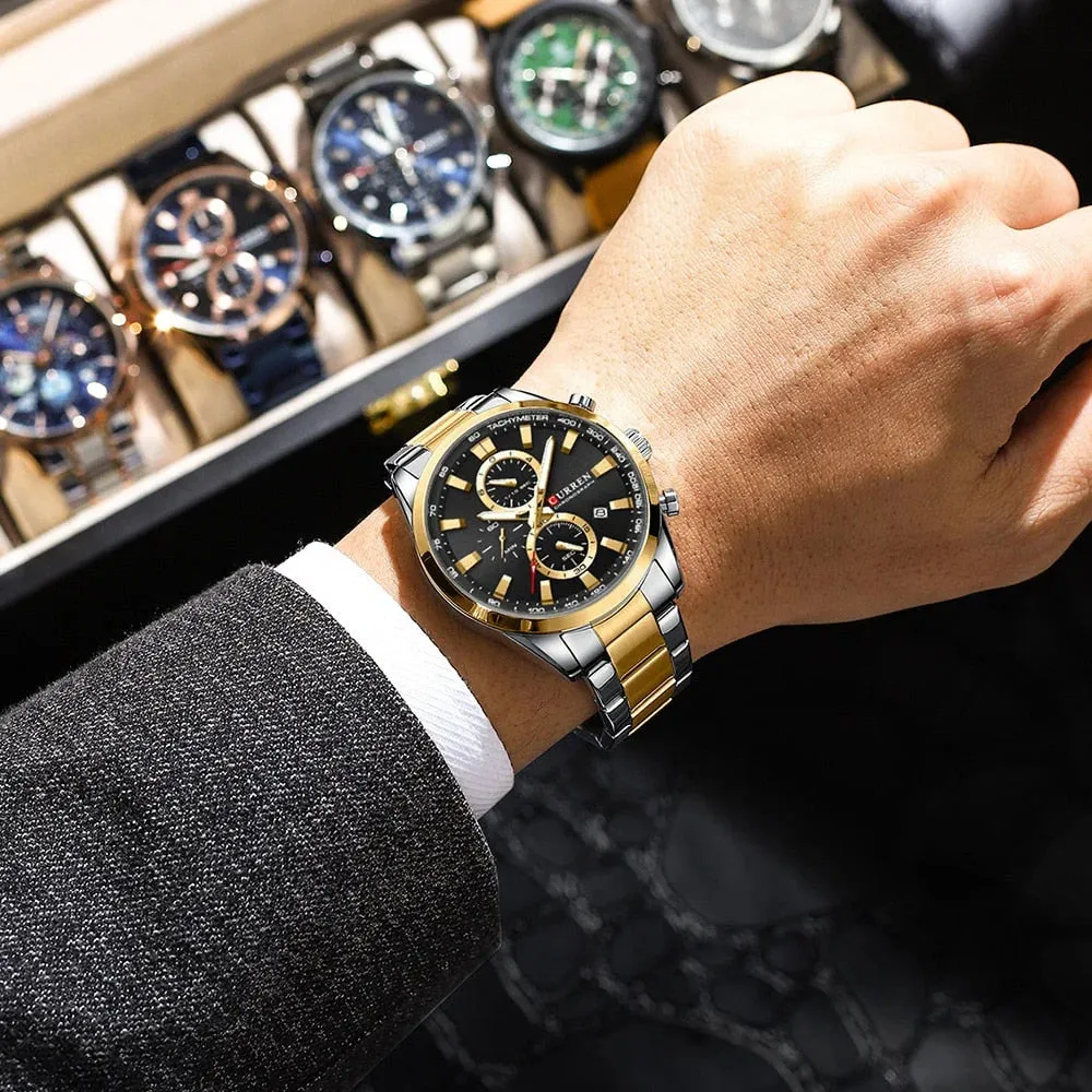 Casual Sporty Brand Stainless Steel Band Wristwatches for Men Chronograph Quartz Watches with Date