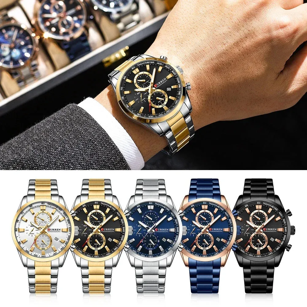 Casual Sporty Brand Stainless Steel Band Wristwatches for Men Chronograph Quartz Watches with Date