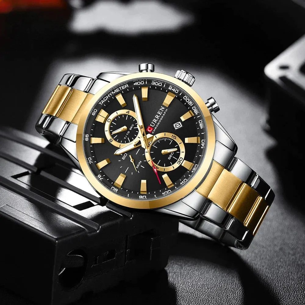 Casual Sporty Brand Stainless Steel Band Wristwatches for Men Chronograph Quartz Watches with Date