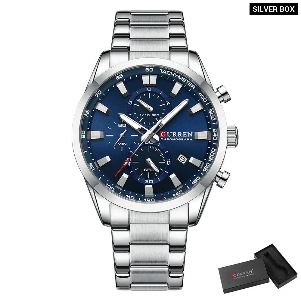 Casual Sporty Brand Stainless Steel Band Wristwatches for Men Chronograph Quartz Watches with Date