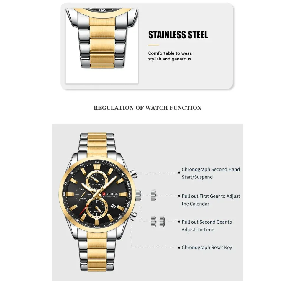 Casual Sporty Brand Stainless Steel Band Wristwatches for Men Chronograph Quartz Watches with Date