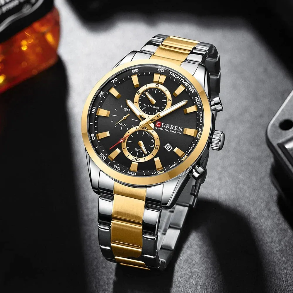 Casual Sporty Brand Stainless Steel Band Wristwatches for Men Chronograph Quartz Watches with Date