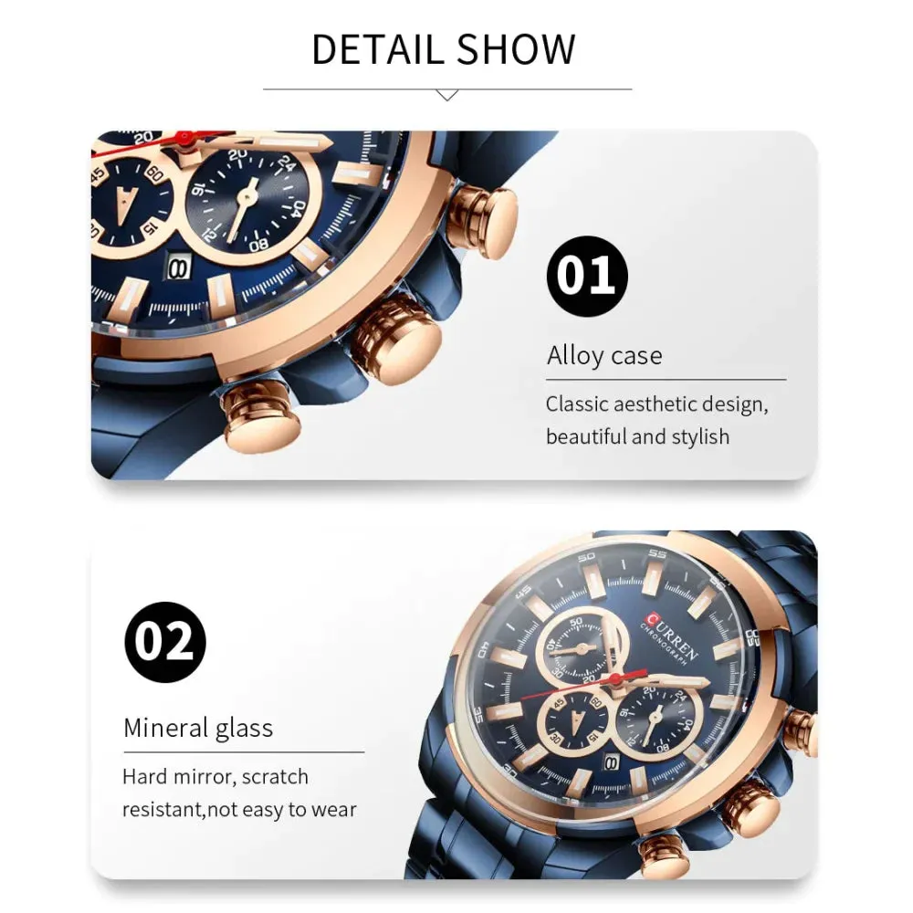 Casual Sporty Wristwatches Stainless Steel Band Chronograph Clock Men's Watches Original Quartz Clock Male