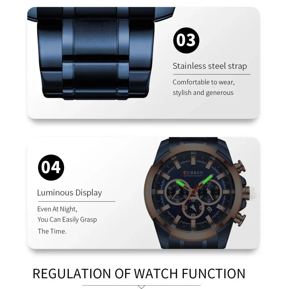 Casual Sporty Wristwatches Stainless Steel Band Chronograph Clock Men's Watches Original Quartz Clock Male
