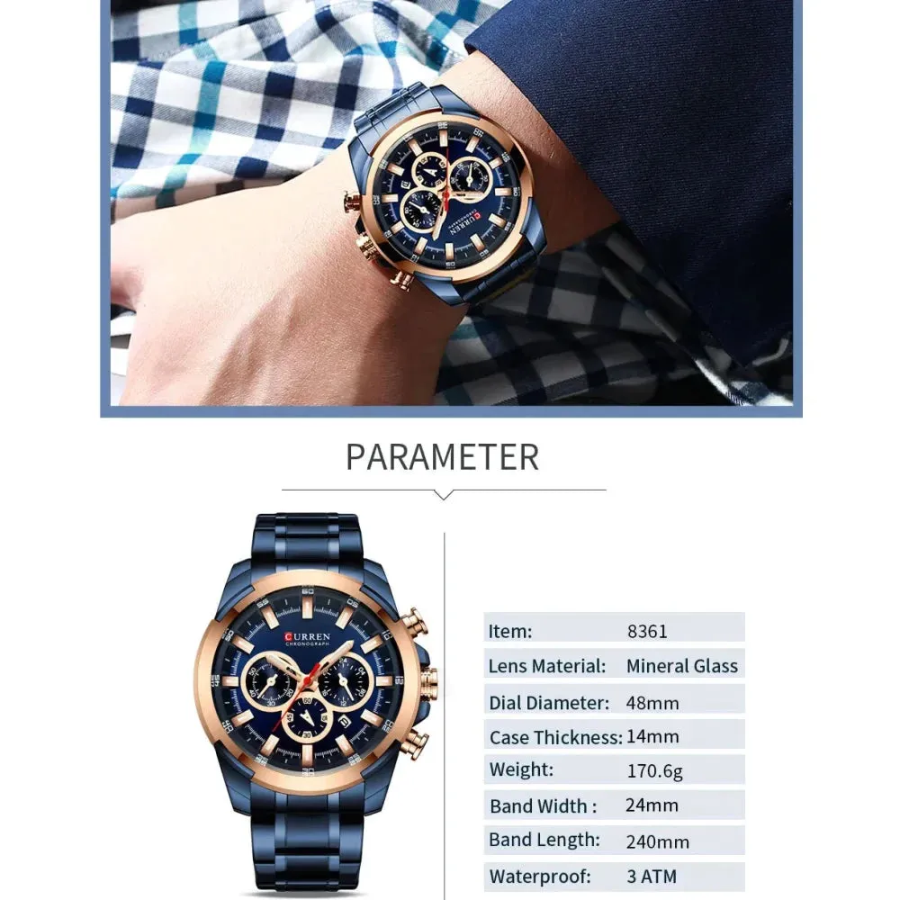 Casual Sporty Wristwatches Stainless Steel Band Chronograph Clock Men's Watches Original Quartz Clock Male