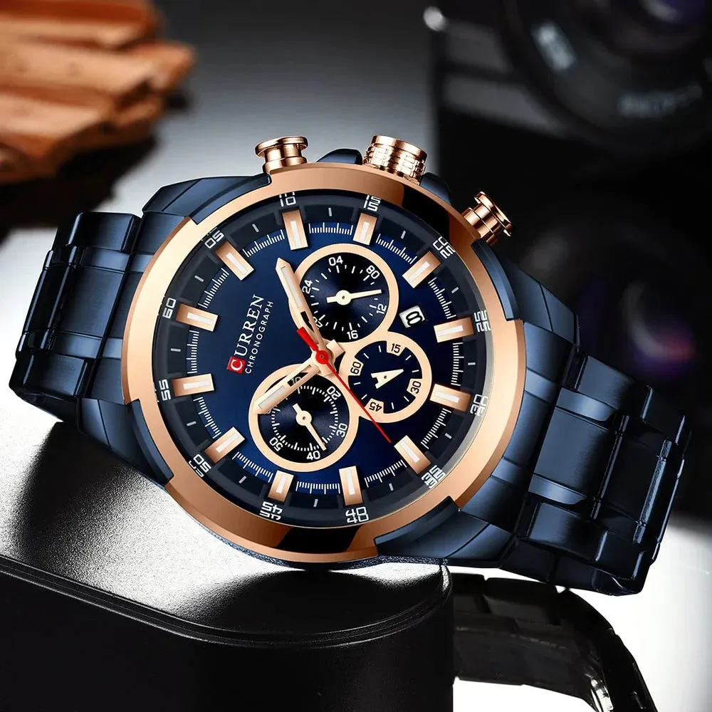 Casual Sporty Wristwatches Stainless Steel Band Chronograph Clock Men's Watches Original Quartz Clock Male