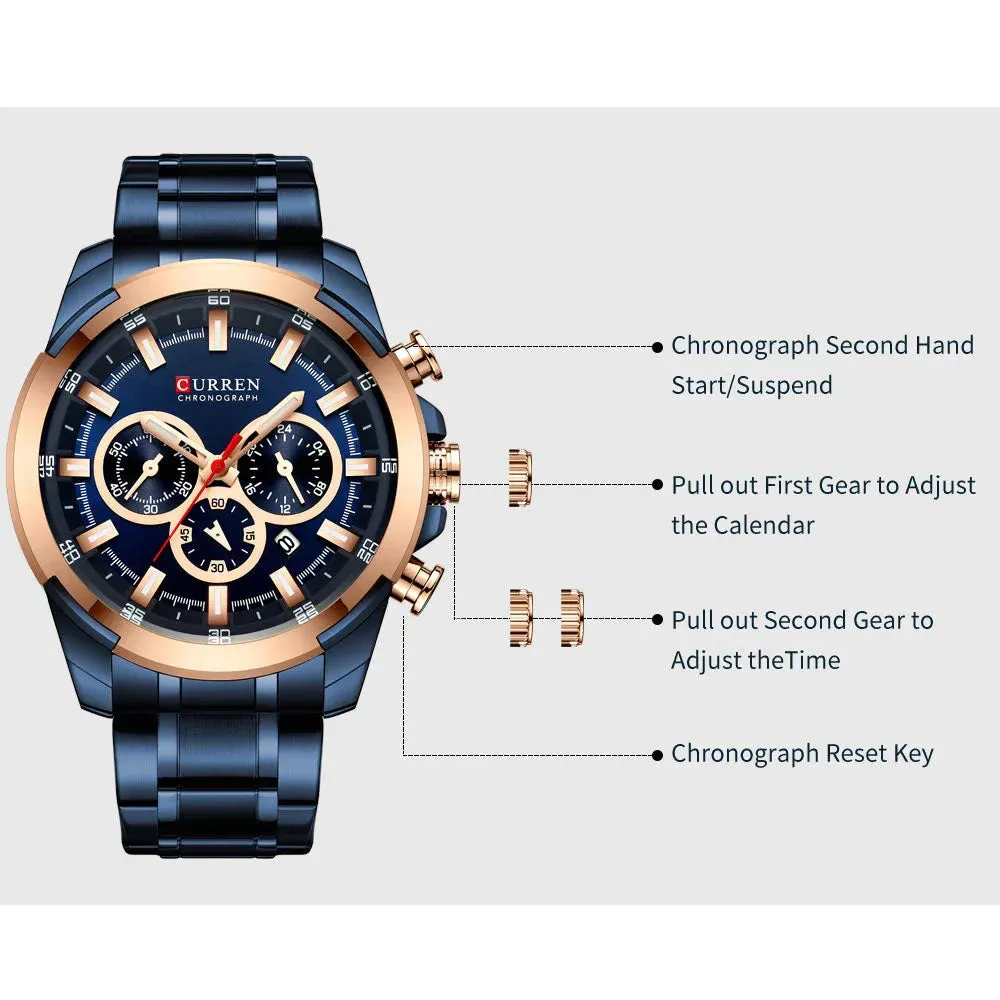 Casual Sporty Wristwatches Stainless Steel Band Chronograph Clock Men's Watches Original Quartz Clock Male