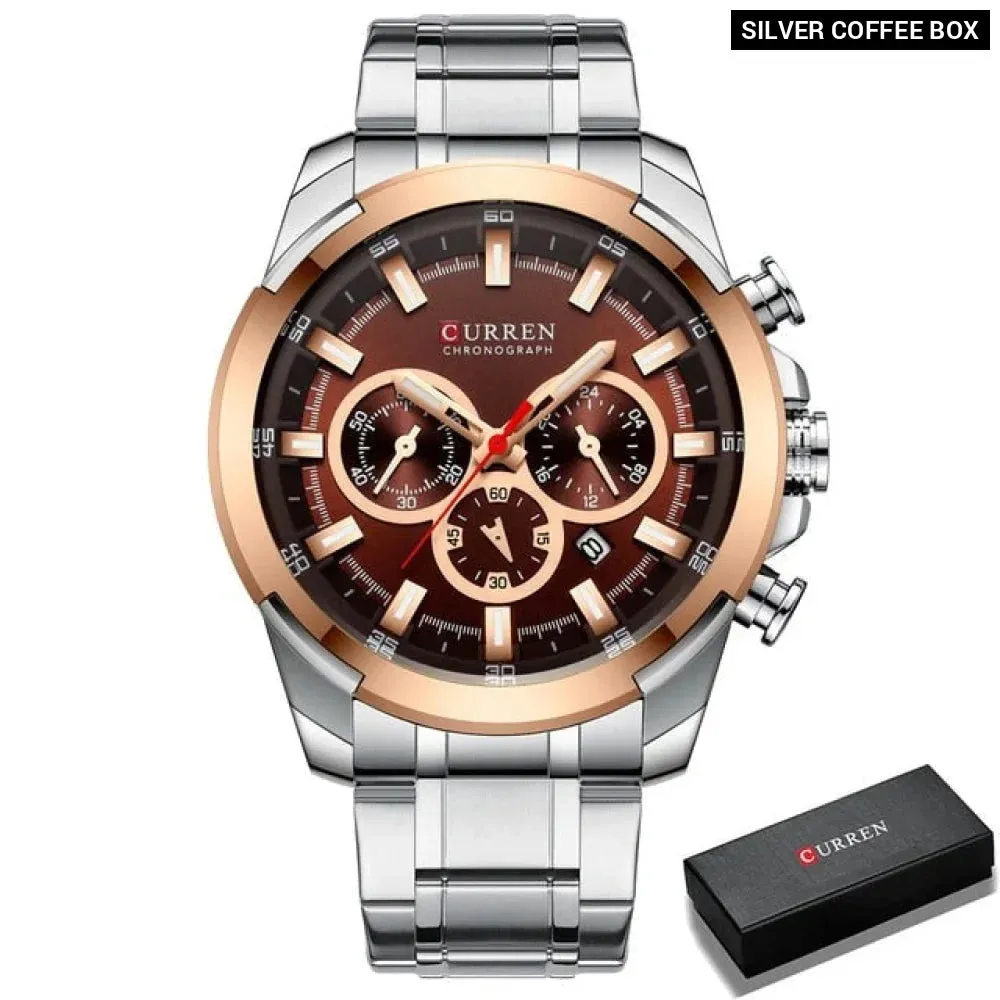 Casual Sporty Wristwatches Stainless Steel Band Chronograph Clock Men's Watches Original Quartz Clock Male